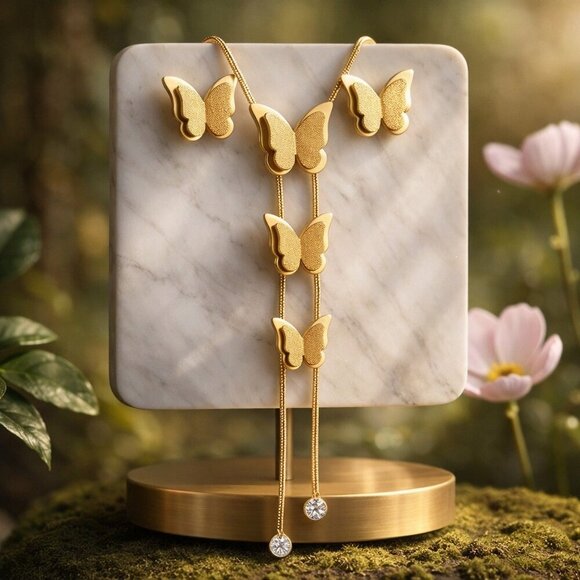 18k Gold Plated Lariat Necklace Earrings Set Stainless Steel Butterfly Y-Drop